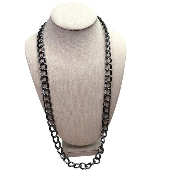 Gunmetal Chrome Link Necklace Dark Silver Double Links Lobster Clasps - Picture 1 of 5